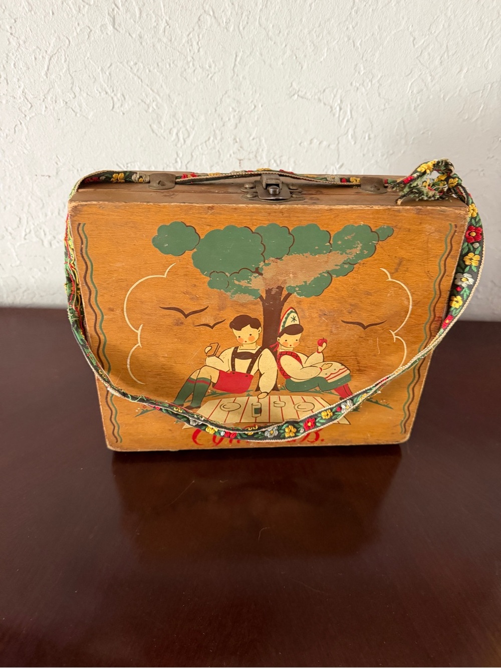 Vintage Wooden Box Purse Hand Painted Folk Art Children Picnic Cynthia 1950’s